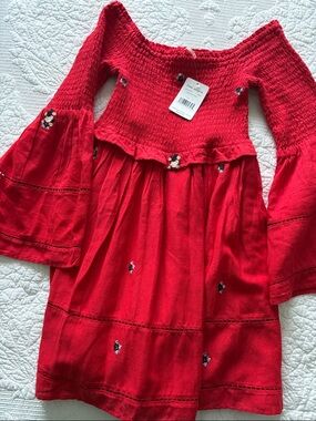 Women Red Smocked Off-Shoulder Dress with Embroidered Accents